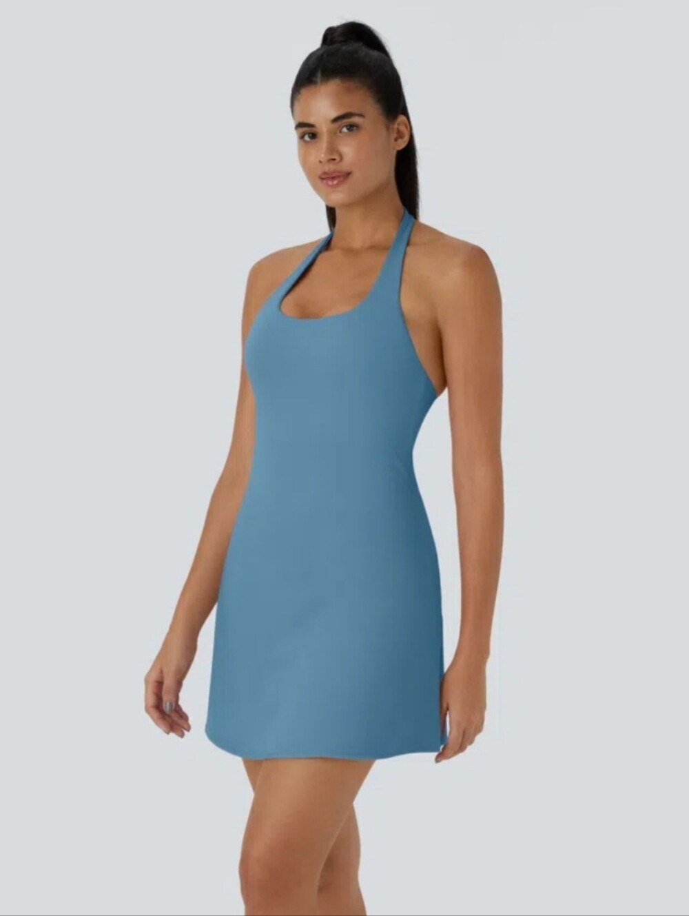 Halara Blue Halter Dress With Built In Bra And Shorts With Pocket.